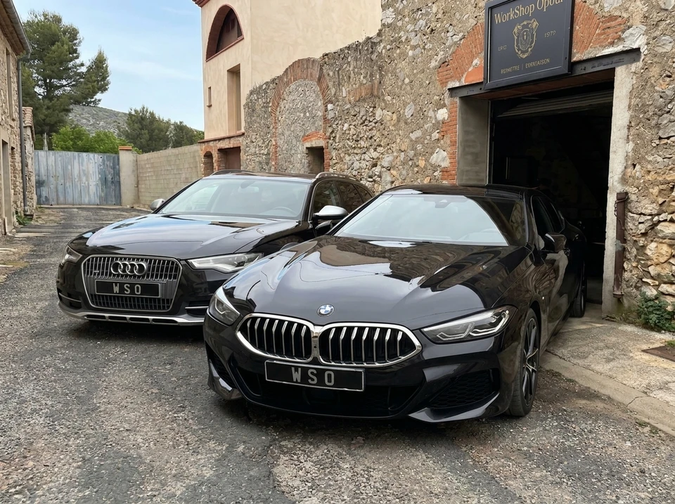 Deux berlines de luxe noires stationnées devant un bâtiment en pierre, avec une BMW Série 8 Gran Coupé au premier plan et une Audi A6 en arrière-plan, toutes deux arborant la plaque d'immatriculation personnalisée "WSO"
